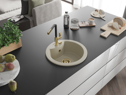 Mexen Diego évier en granit 1 bac avec mitigeur de cuisine Flora, beige - 6512-69-670401-57-G