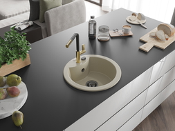 Mexen Diego évier en granit à 1 bac avec mitigeur de cuisine Flora, beige - 6512-69-670401-57-B