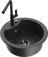 Mexen Diego évier en granite 1 bac avec robinet de cuisine Flora, noir moucheté - 6512-76-670401-70-B