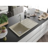 Mexen Bruno évier en granit à 1 bac avec égouttoir et robinet de cuisine Flora, beige - 6513-69-670401-00