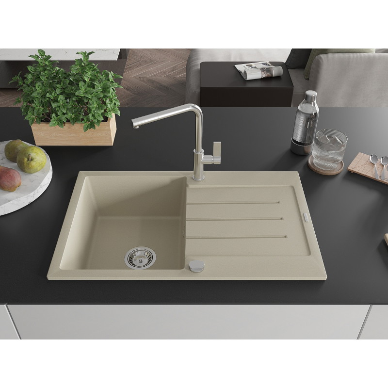 Mexen Bruno évier en granit à 1 bac avec égouttoir et robinet de cuisine Flora, beige - 6513-69-670401-00