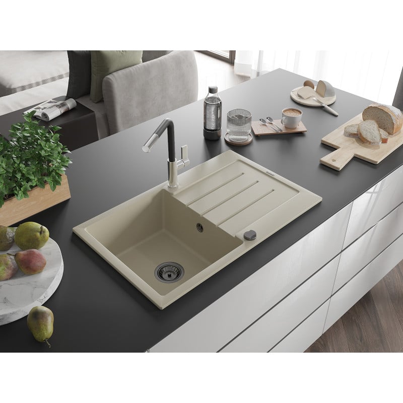 Mexen Bruno évier en granit 1 bac avec égouttoir et robinet de cuisine Flora, beige - 6513-69-670401-07-B