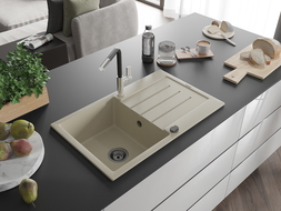 Mexen Bruno évier en granit 1 bac avec égouttoir et robinet de cuisine Flora, beige - 6513-69-670401-07-B