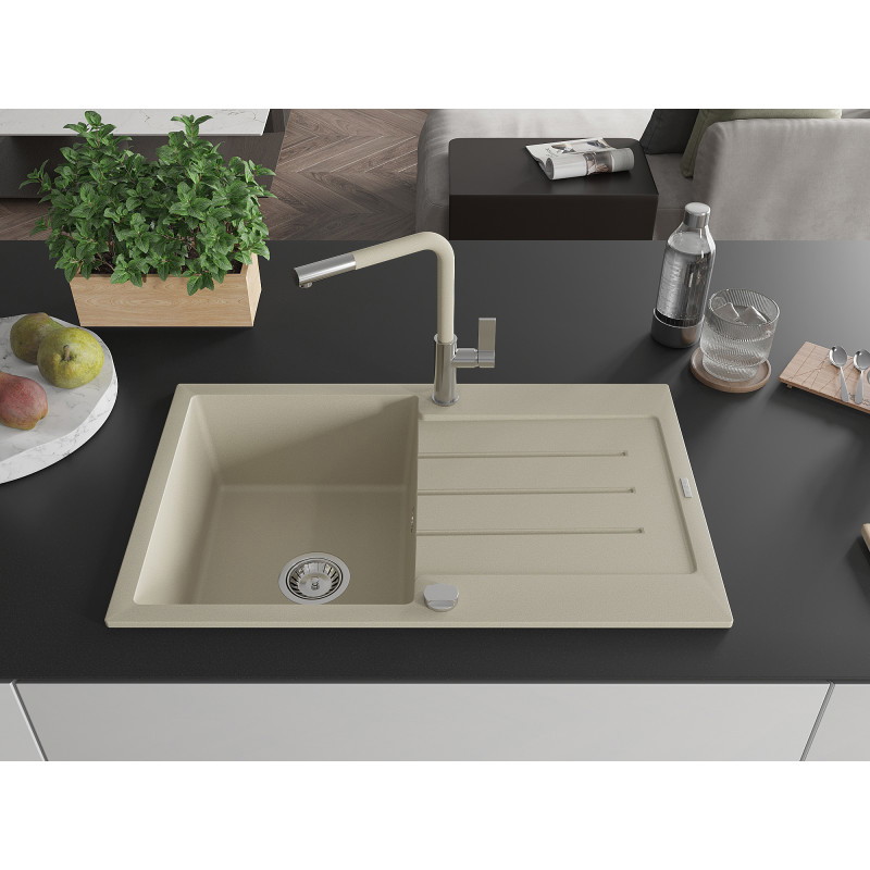 Mexen Bruno évier en granit 1 bac avec égouttoir et robinet de cuisine Flora, beige - 6513-69-670401-09