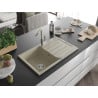 Mexen Bruno évier en granit 1 bac avec égouttoir et robinet de cuisine Flora, beige - 6513-69-670401-09