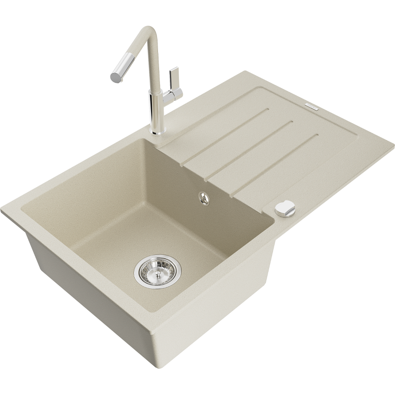 Mexen Bruno évier en granit 1 bac avec égouttoir et robinet de cuisine Flora, beige - 6513-69-670401-09