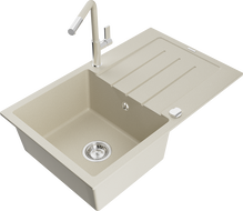 Mexen Bruno évier en granit 1 bac avec égouttoir et robinet de cuisine Flora, beige - 6513-69-670401-09