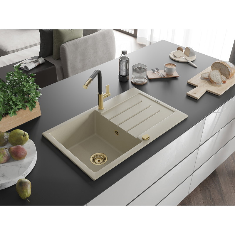 Mexen Bruno évier en granit 1 bac avec égouttoir et robinet de cuisine Flora, beige - 6513-69-670401-57-G
