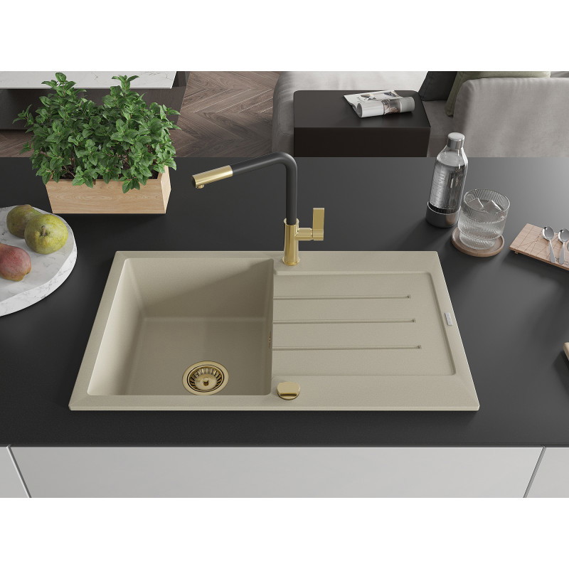 Mexen Bruno évier en granit 1 bac avec égouttoir et robinet de cuisine Flora, beige - 6513-69-670401-57-G