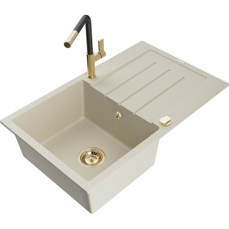 Mexen Bruno évier en granit 1 bac avec égouttoir et robinet de cuisine Flora, beige - 6513-69-670401-57-G