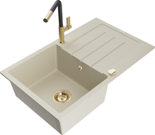 Mexen Bruno évier en granit 1 bac avec égouttoir et robinet de cuisine Flora, beige - 6513-69-670401-57-G