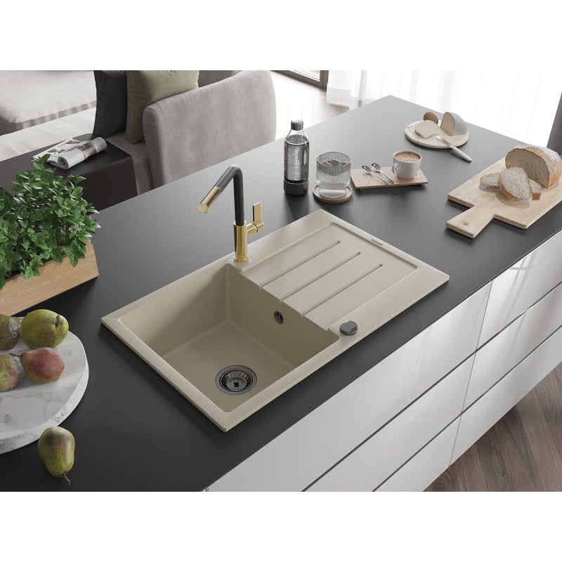 Mexen Bruno évier en granit à 1 bac avec égouttoir et robinet de cuisine Flora, beige - 6513-69-670401-57-B