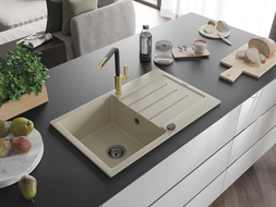 Mexen Bruno évier en granit 1 bac avec égouttoir et robinet de cuisine Flora, beige - 6513-69-670401-57-B