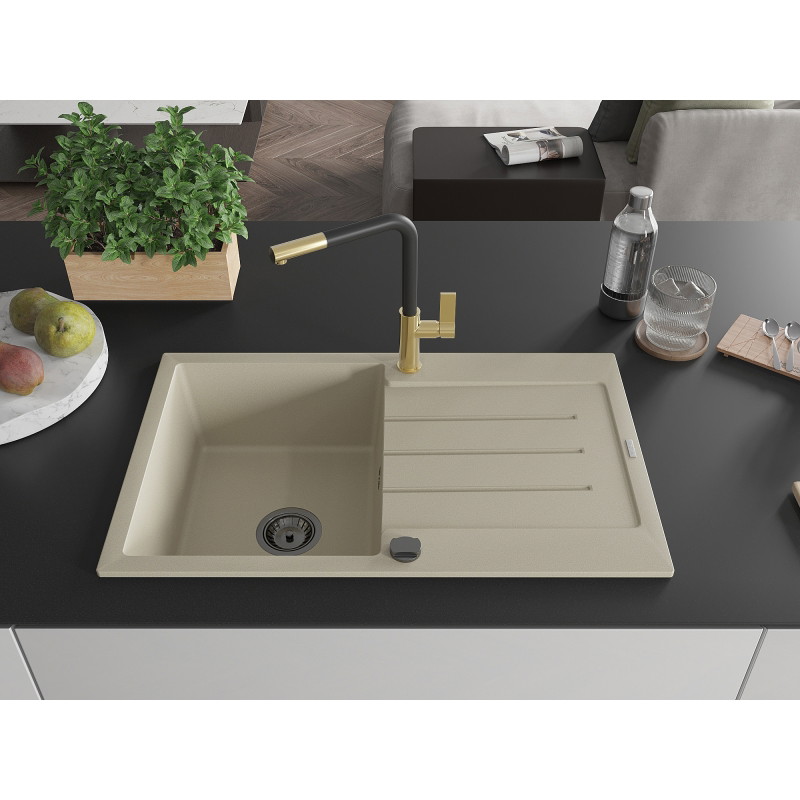 Mexen Bruno évier en granit 1 bac avec égouttoir et robinet de cuisine Flora, beige - 6513-69-670401-57-B