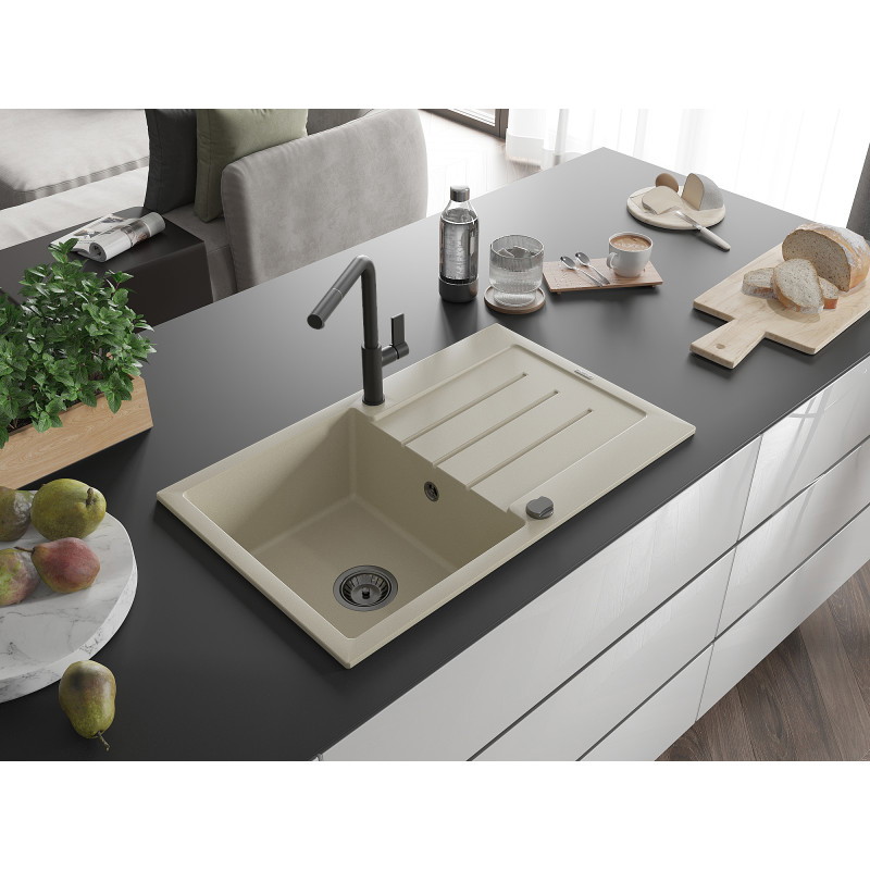 Mexen Bruno évier en granit à 1 bac avec égouttoir et robinet de cuisine Flora, beige - 6513-69-670401-70-B