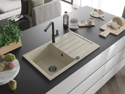 Mexen Bruno Évier en granit 1 bac avec égouttoir et robinet de cuisine Flora, beige - 6513-69-670401-70-B