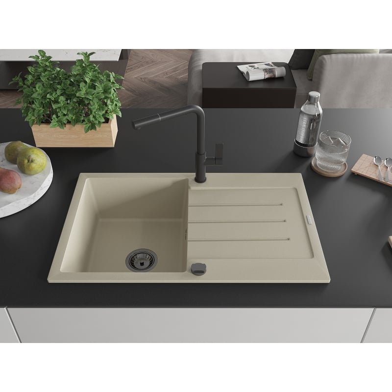 Mexen Bruno évier en granit 1 bac avec égouttoir et robinet de cuisine Flora, beige - 6513-69-670401-70-B