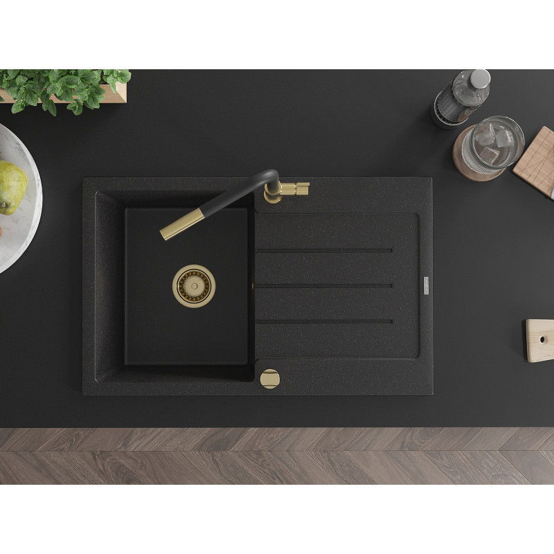Mexen Bruno évier en granit à 1 bac avec égouttoir et robinet de cuisine Flora, noir/métallique argenté