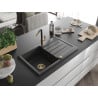 Mexen Bruno évier en granit 1 bac avec égouttoir et robinet de cuisine Flora, noir moucheté - 6513-76-670401-57-G