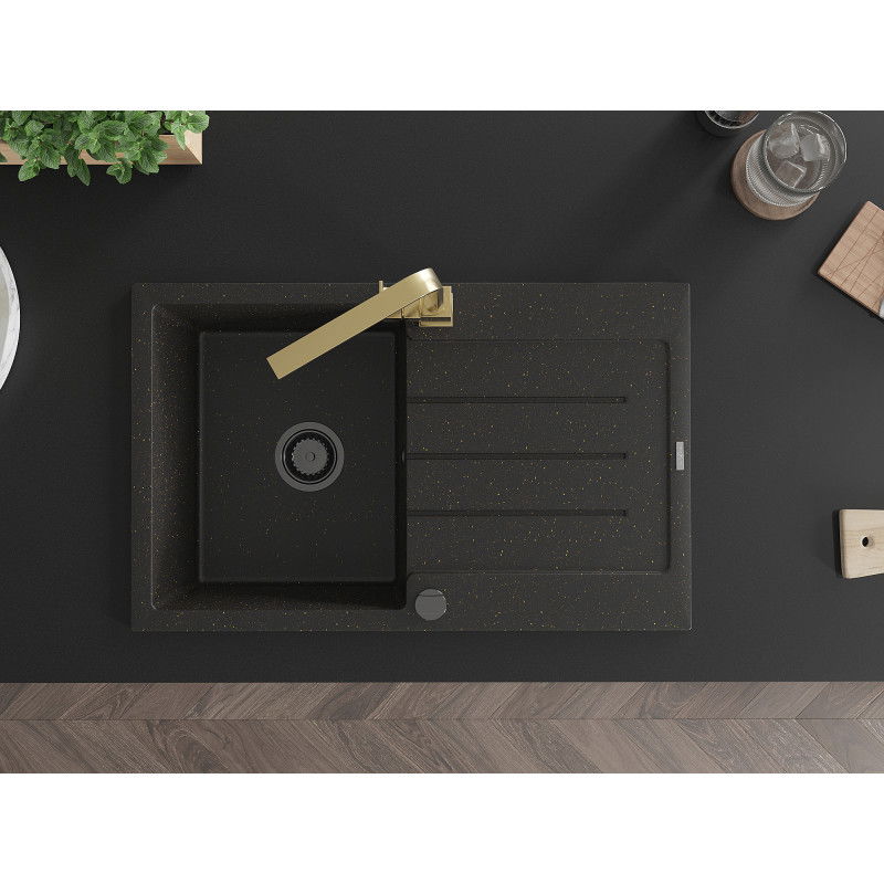 Mexen Bruno évier en granit 1 bac avec égouttoir et robinet de cuisine Rita, noir/métallisé doré - 6513-75-670300-50-B
