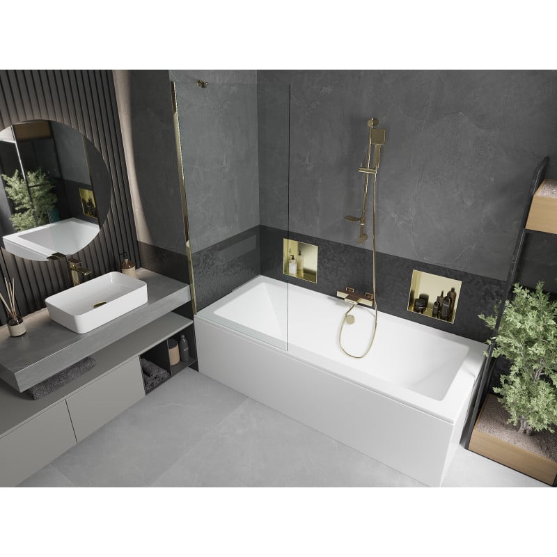 Mexen Cube baignoire rectangulaire 170 x 80 cm avec habillage et paroi 1-volet 80 cm, transparent, doré - 550517080X9508000050