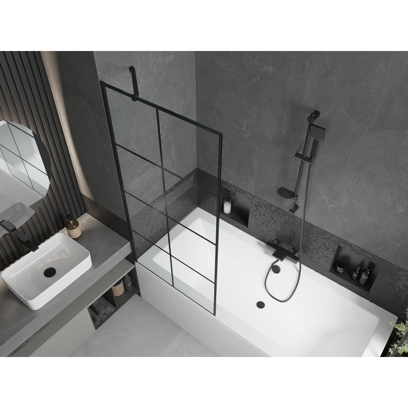 Mexen Cube baignoire rectangulaire 170 x 80 cm avec habillage et paravent 1 volet 80 cm, motif noir - 550517080X9508007077