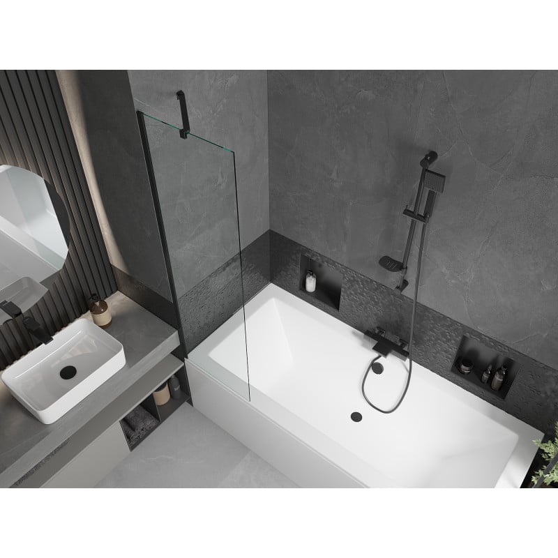 Mexen Cube baignoire rectangulaire 180 x 80 cm avec tablier et paravent 1 volet 50 cm, transparent, noir - 550518080X9505000070