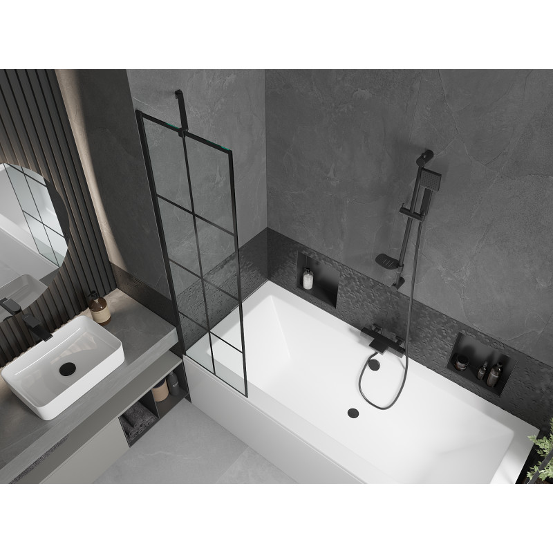 Mexen Cube baignoire rectangulaire 180 x 80 cm avec habillage et paravent à 1 volet 50 cm, motif noir - 550518080X9505007077