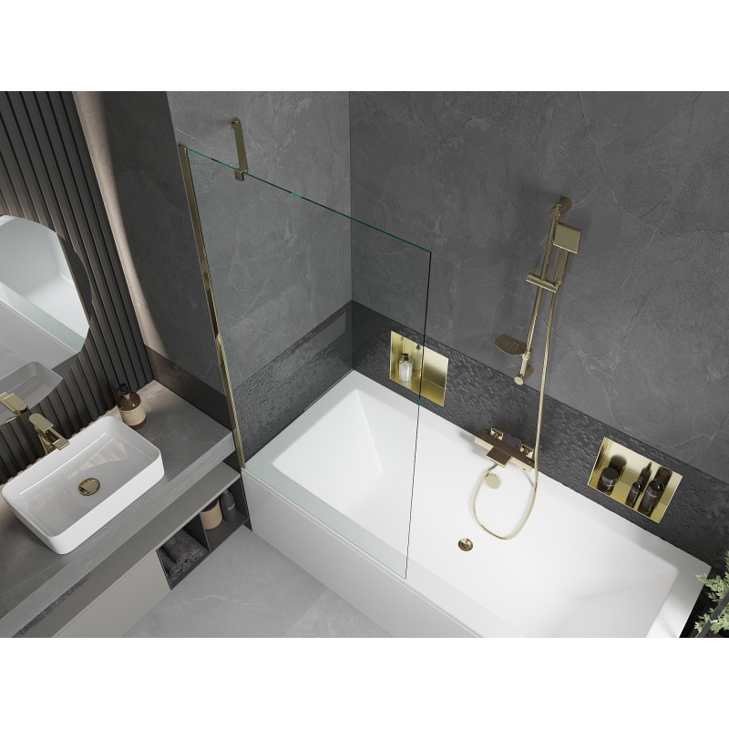 Mexen Cube baignoire rectangulaire 180 x 80 cm avec habillage et paroi à 1 panneau de 90 cm, transparent, doré