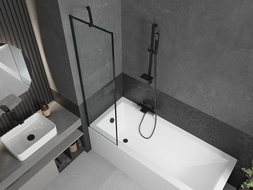 Baignoire rectangulaire Mexen Cubik 150 x 70 cm avec enceinte et paravent à 1 battant 50 cm, motif noir - 550315070X9505007070