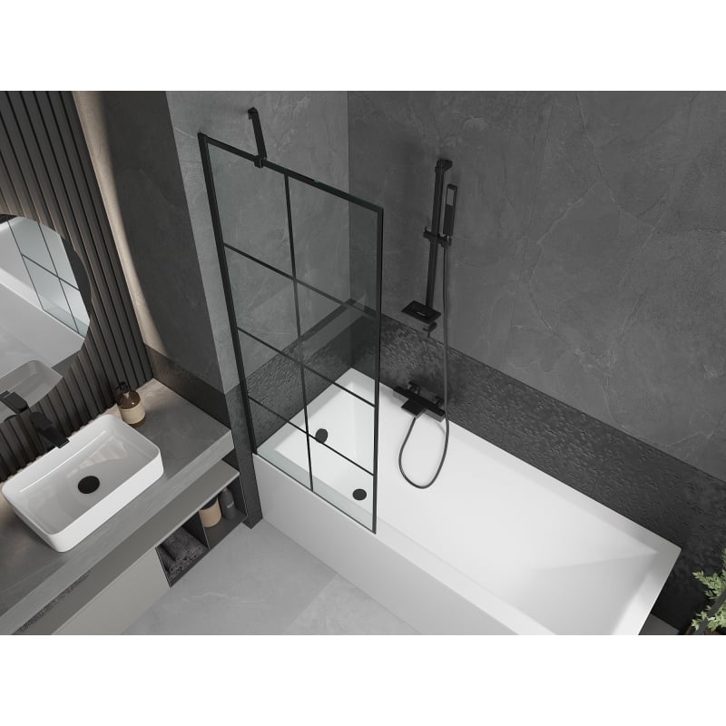 Mexen Cubik baignoire rectangulaire 150 x 70 cm avec habillage et paravent 1 volet 70 cm, motif noir - 550315070X9507007077