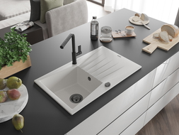 Mexen Cesar évier en granit 1 bac avec égouttoir et robinet de cuisine Flora, blanc - 6514-20-670401-70-B