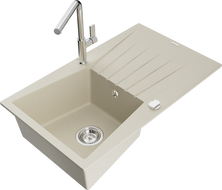 Mexen Cesar évier en granit 1 bac avec égouttoir et robinet de cuisine Flora, beige - 6514-69-670401-00