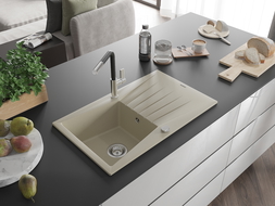 Mexen Cesar évier en granit 1 bac avec égouttoir et robinet de cuisine Flora, beige - 6514-69-670401-07