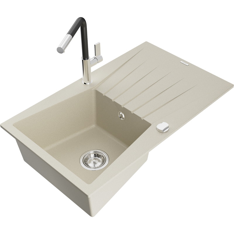 Mexen Cesar évier en granit 1-bassine avec égouttoir et robinet de cuisine Flora, beige - 6514-69-670401-07
