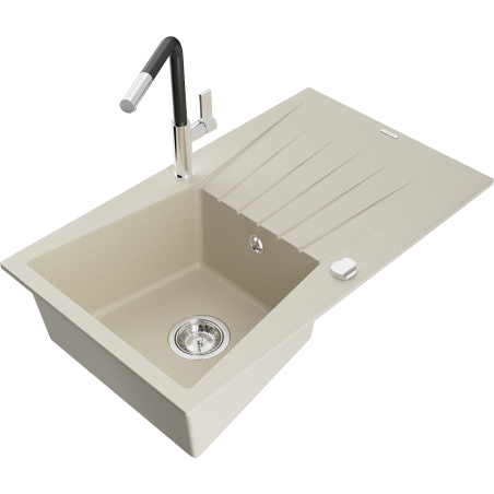Mexen Cesar évier en granit 1-bassine avec égouttoir et robinet de cuisine Flora, beige - 6514-69-670401-07