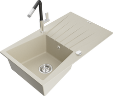 Mexen Cesar évier en granit 1 bac avec égouttoir et robinet de cuisine Flora, beige - 6514-69-670401-07