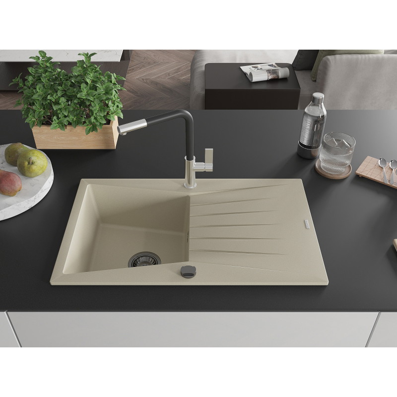 Mexen Cesar évier en granit 1 bac avec égouttoir et robinet de cuisine Flora, beige - 6514-69-670401-07-B