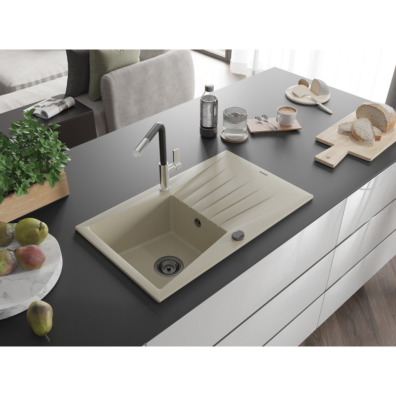 Mexen Cesar évier en granit 1 bac avec égouttoir et robinet de cuisine Flora, beige - 6514-69-670401-07-B