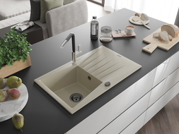 Mexen Cesar évier en granit 1 bac avec égouttoir et robinet de cuisine Flora, beige - 6514-69-670401-07-B