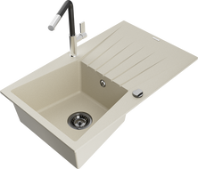 Mexen Cesar évier en granit 1 bac avec égouttoir et robinet de cuisine Flora, beige - 6514-69-670401-07-B