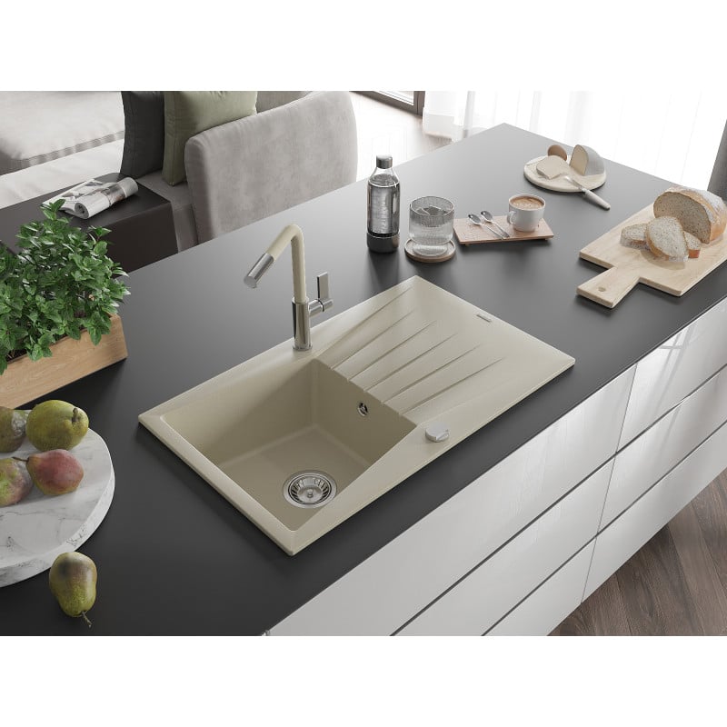 Mexen Cesar évier en granit à 1 bac avec égouttoir et robinet de cuisine Flora, beige - 6514-69-670401-09