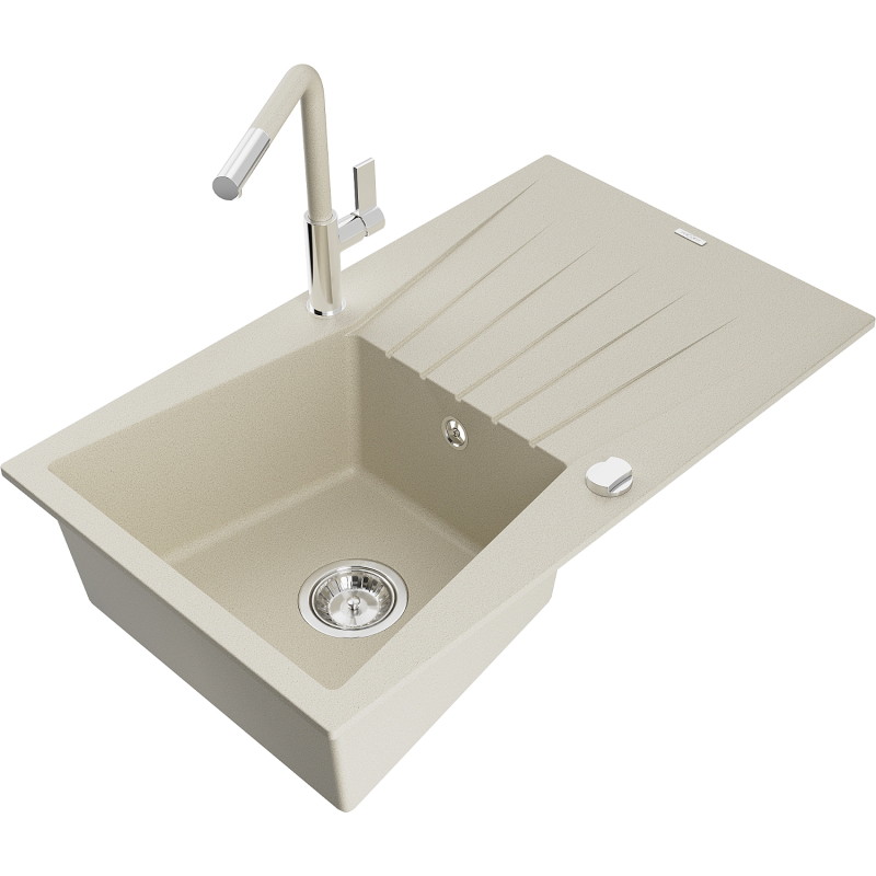 Mexen Cesar évier en granit 1 bac avec égouttoir et robinet de cuisine Flora, beige - 6514-69-670401-09