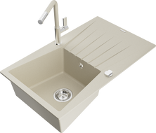 Mexen Cesar évier en granit 1 bac avec égouttoir et robinet de cuisine Flora, beige - 6514-69-670401-09