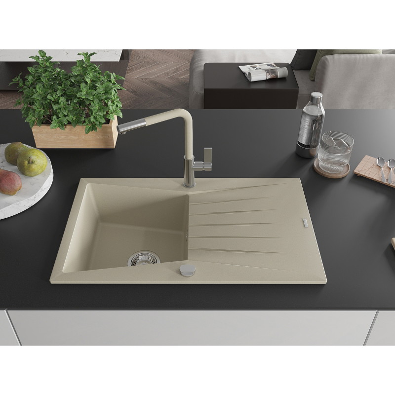 Mexen Cesar évier en granit 1 bac avec égouttoir et robinet de cuisine Flora, beige - 6514-69-670401-09