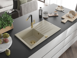 Mexen Cesar évier en granit 1 bac avec égouttoir et robinet de cuisine Flora, beige - 6514-69-670401-57-G