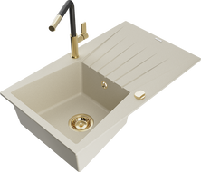 Mexen Cesar évier en granit 1 bac avec égouttoir et robinet de cuisine Flora, beige - 6514-69-670401-57-G
