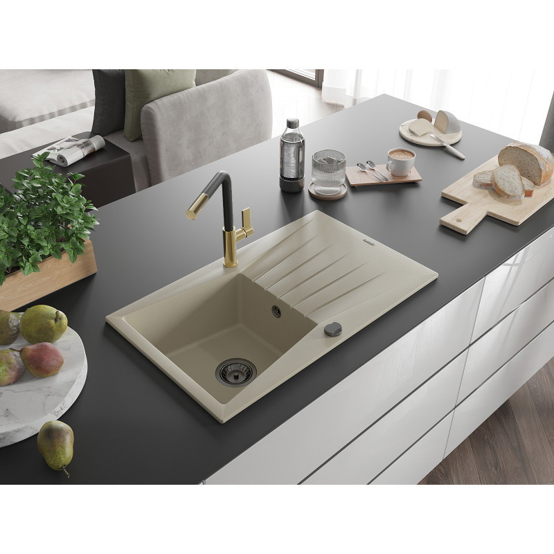 Mexen Cesar évier en granit 1 bac avec égouttoir et robinet de cuisine Flora, beige - 6514-69-670401-57-B
