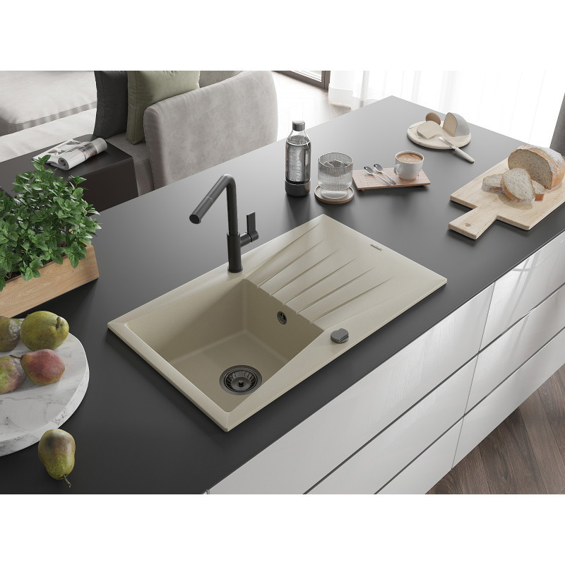 Mexen Cesar évier en granit 1 bac avec égouttoir et robinet de cuisine Flora, beige - 6514-69-670401-70-B
