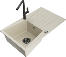 Mexen César évier en granit 1 bac avec égouttoir et robinet de cuisine Flora, beige - 6514-69-670401-70-B